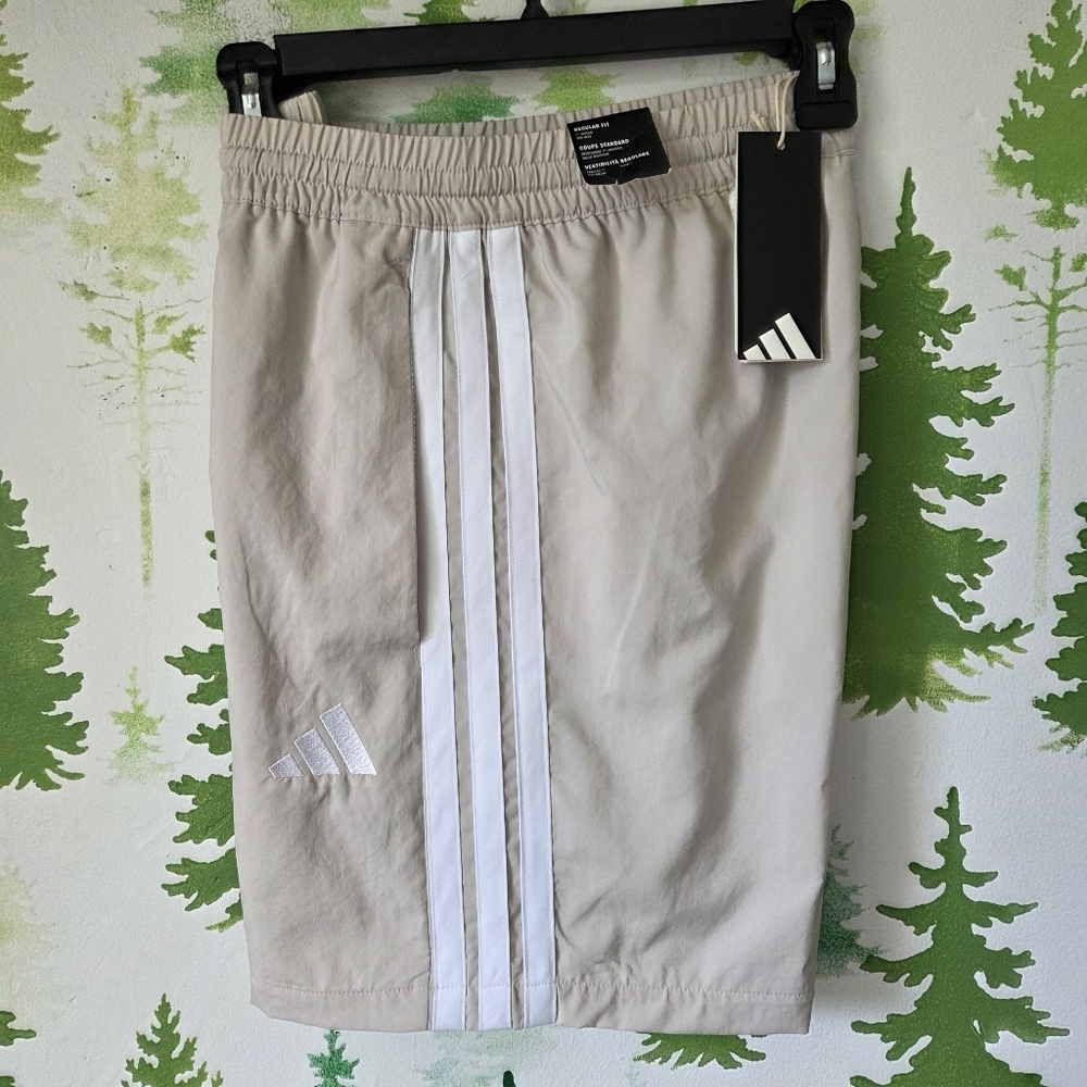 Adidas Men's Beige Athletic Shorts with White Stripes